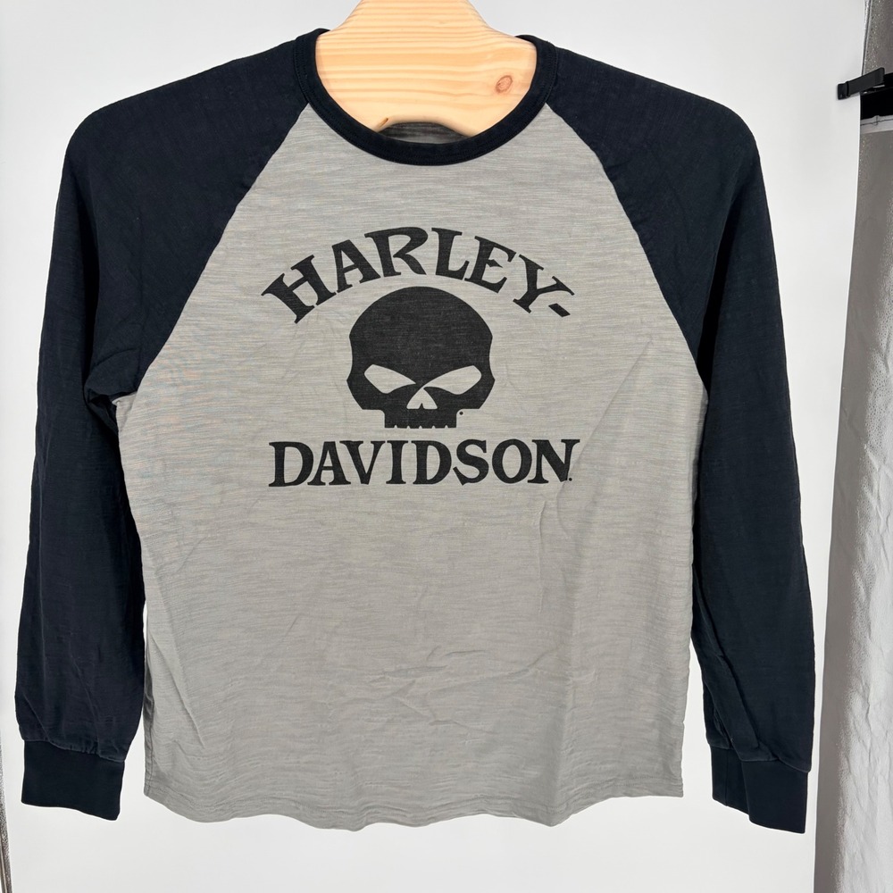 Harley Davidson Baseball Tee Large Gray Black Willie G Skull Raglan Long Sleeve